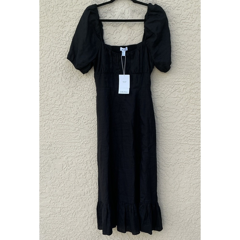 & Other Stories Black 100% Linen Smocked Waist Dress Medium Sz 6  Lined Boho EUC